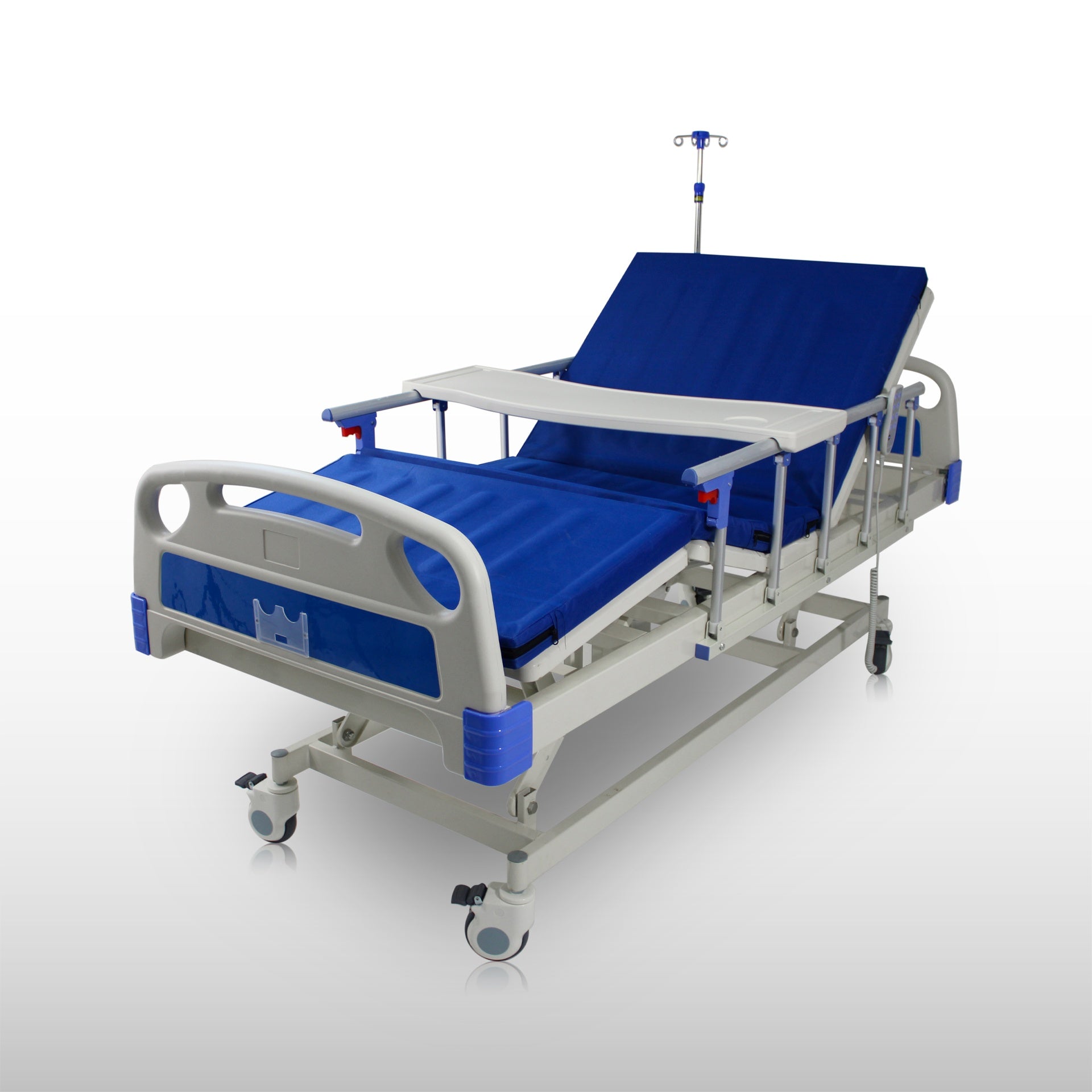 Cama Hospitalaria Eléctrica Multifuncional 3 Movimientos con Control Remoto, Barandales Abatibles, Buró Abatible, Poste para Suero, Colchón Acolchado y Ruedas con Freno para Cuidado en Casa