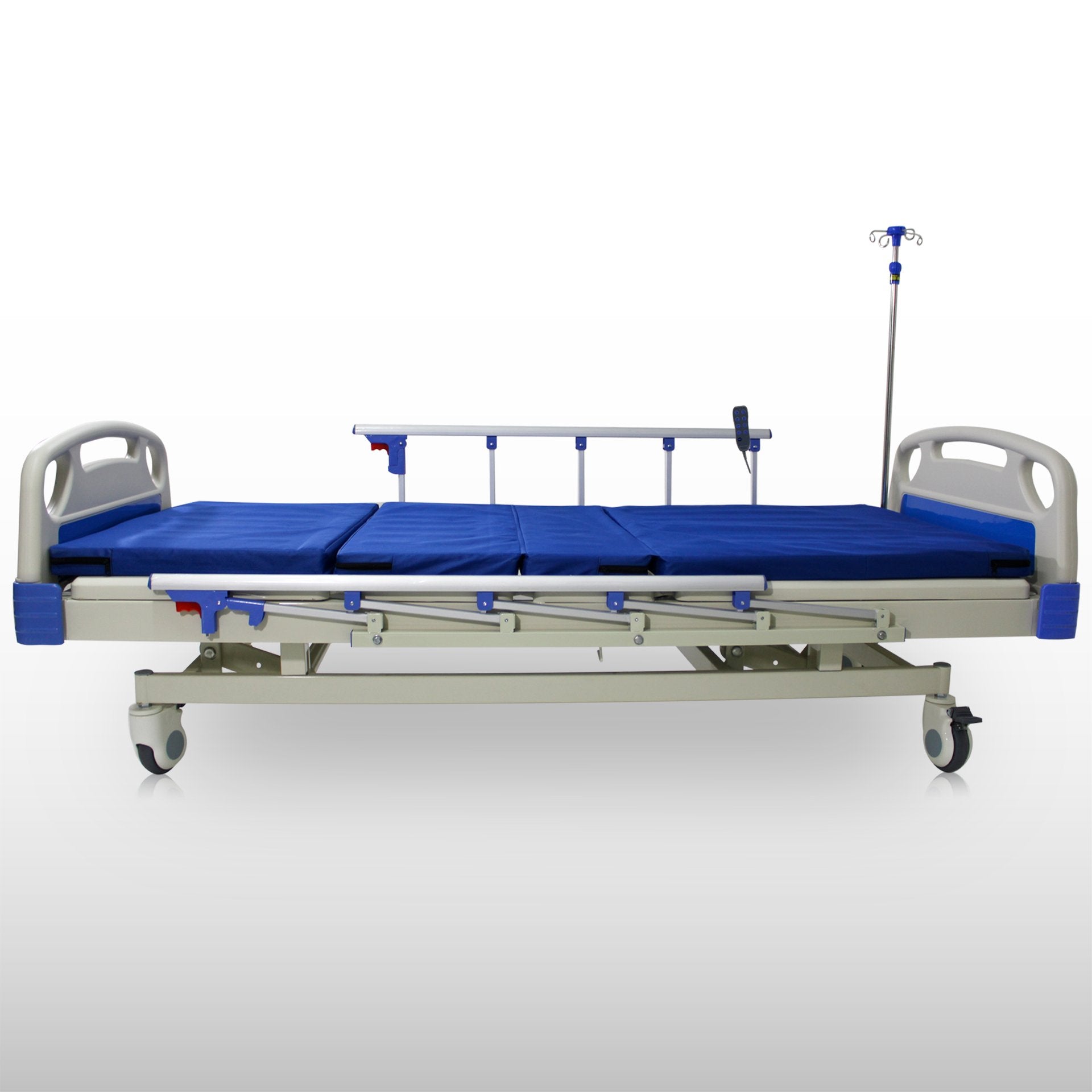 Cama Hospitalaria Eléctrica Multifuncional 3 Movimientos con Control Remoto, Barandales Abatibles, Buró Abatible, Poste para Suero, Colchón Acolchado y Ruedas con Freno para Cuidado en Casa