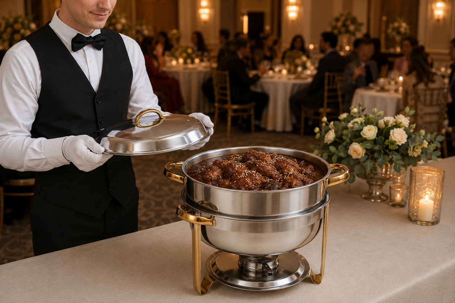 CHAFING DISH REDONDO DE ACERO INOXIDABLE CON TAPA  3.5 LTS DE CAPACIDAD