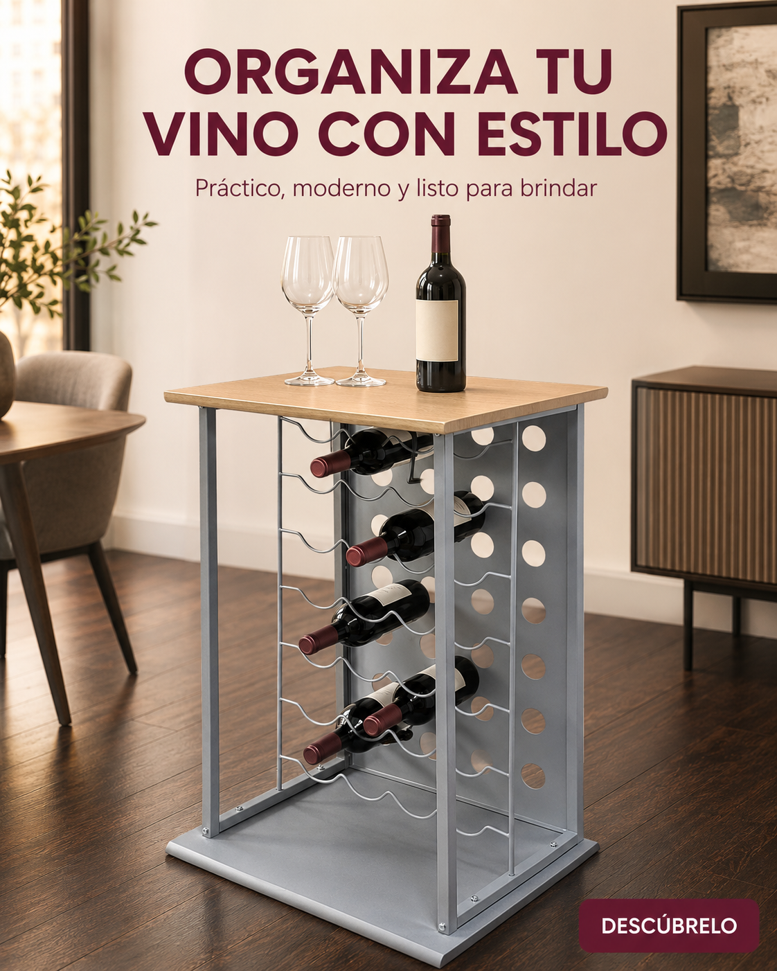 Stackable Wine Rack for 20 Bottles | Elegant and Modern Wooden Cover with Metal Design