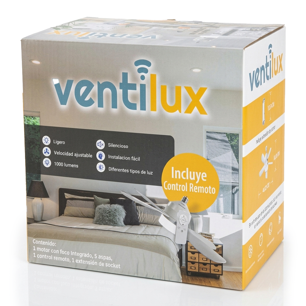 Foco ventilador con luz LED, cinco aspas y control remoto