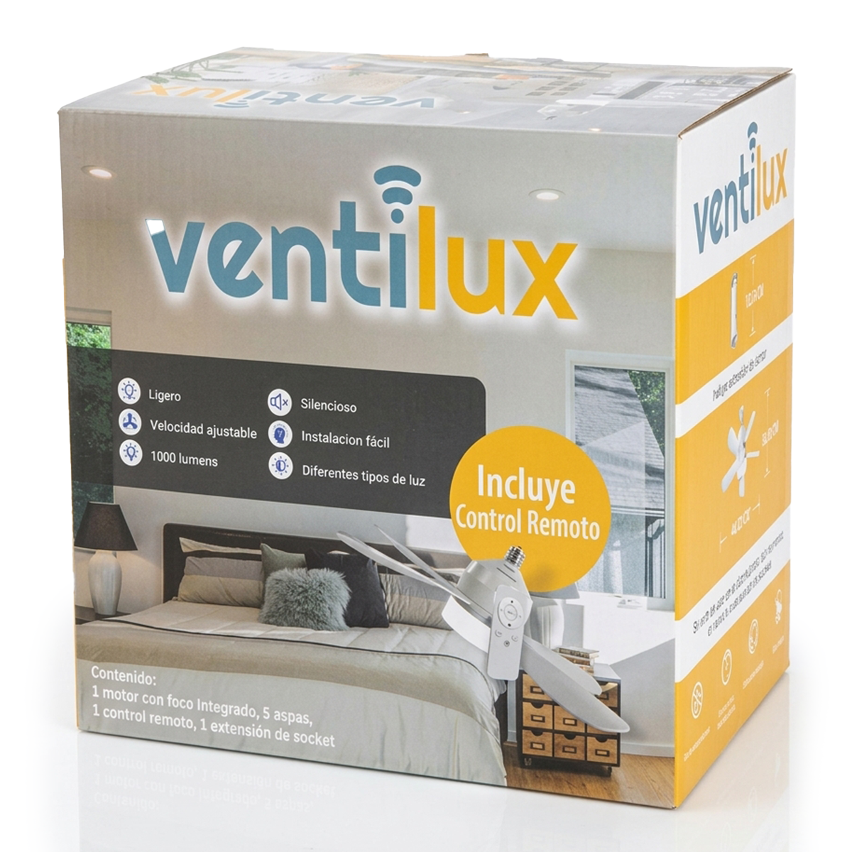 Foco ventilador con luz LED, cinco aspas y control remoto