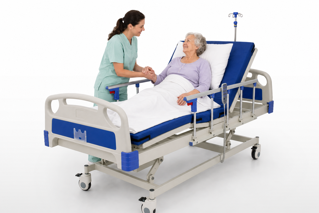 Cama Hospitalaria Eléctrica Multifuncional 3 Movimientos con Control Remoto, Barandales Abatibles, Buró Abatible, Poste para Suero, Colchón Acolchado y Ruedas con Freno para Cuidado en Casa
