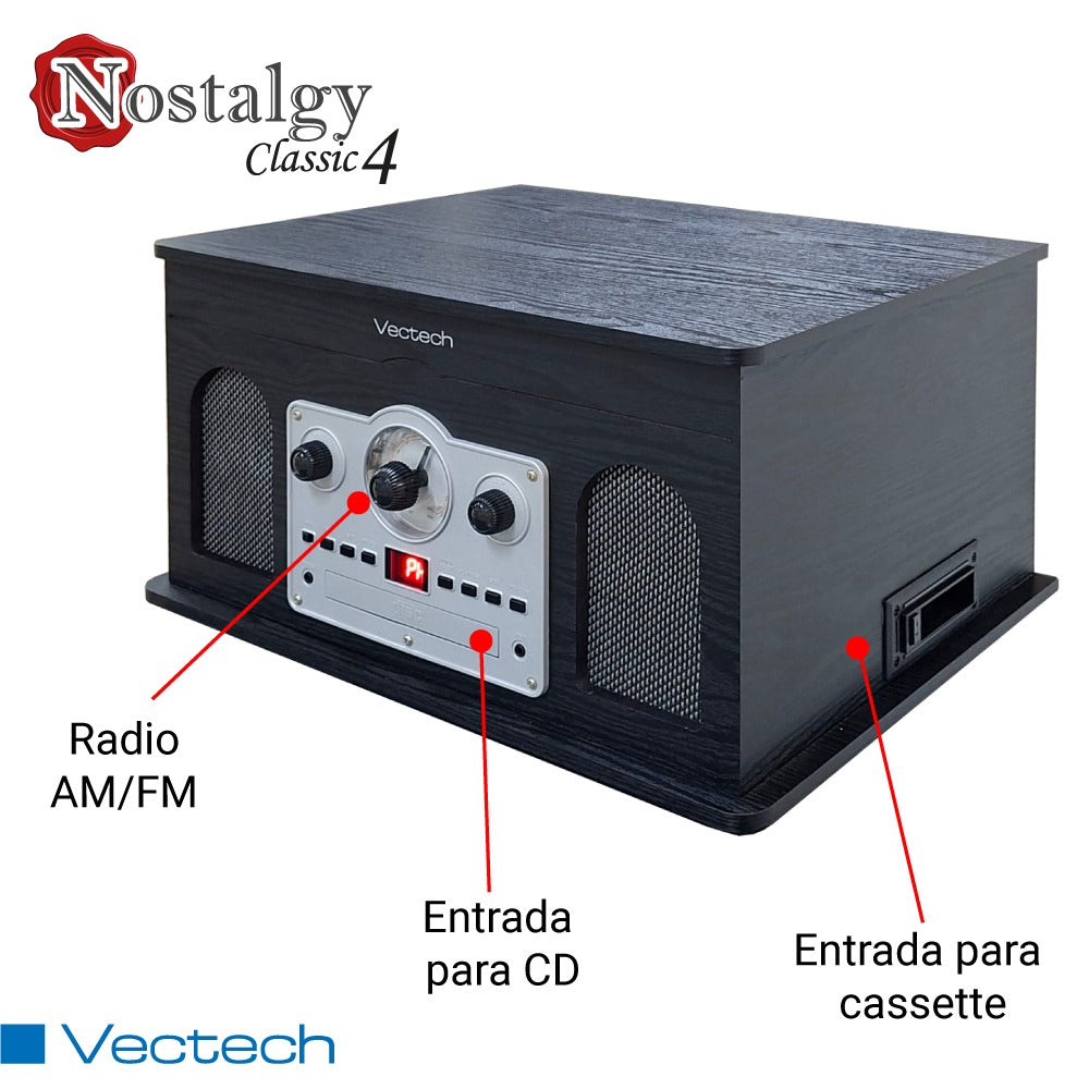 Tocadiscos Retro Multifunción 5 en 1 con Bocinas Integradas  Reproduce CD y Cassette  Radio AM/FM Entrada para Micrófono  Salida AUX