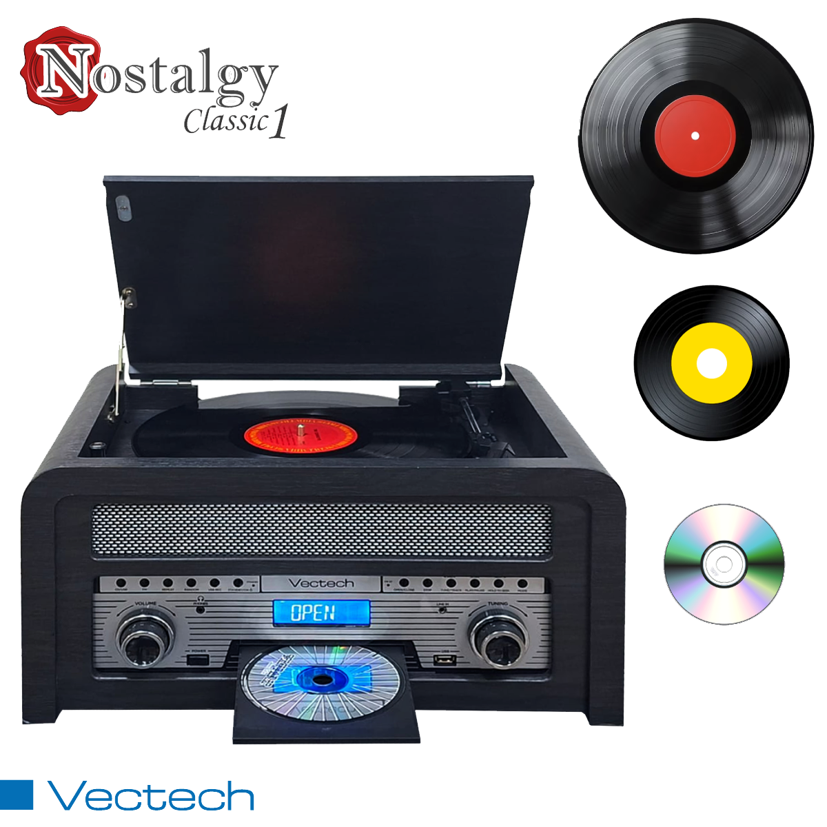 Tocadiscos Retro Nostalgy Classic 1 con vinilos y CD