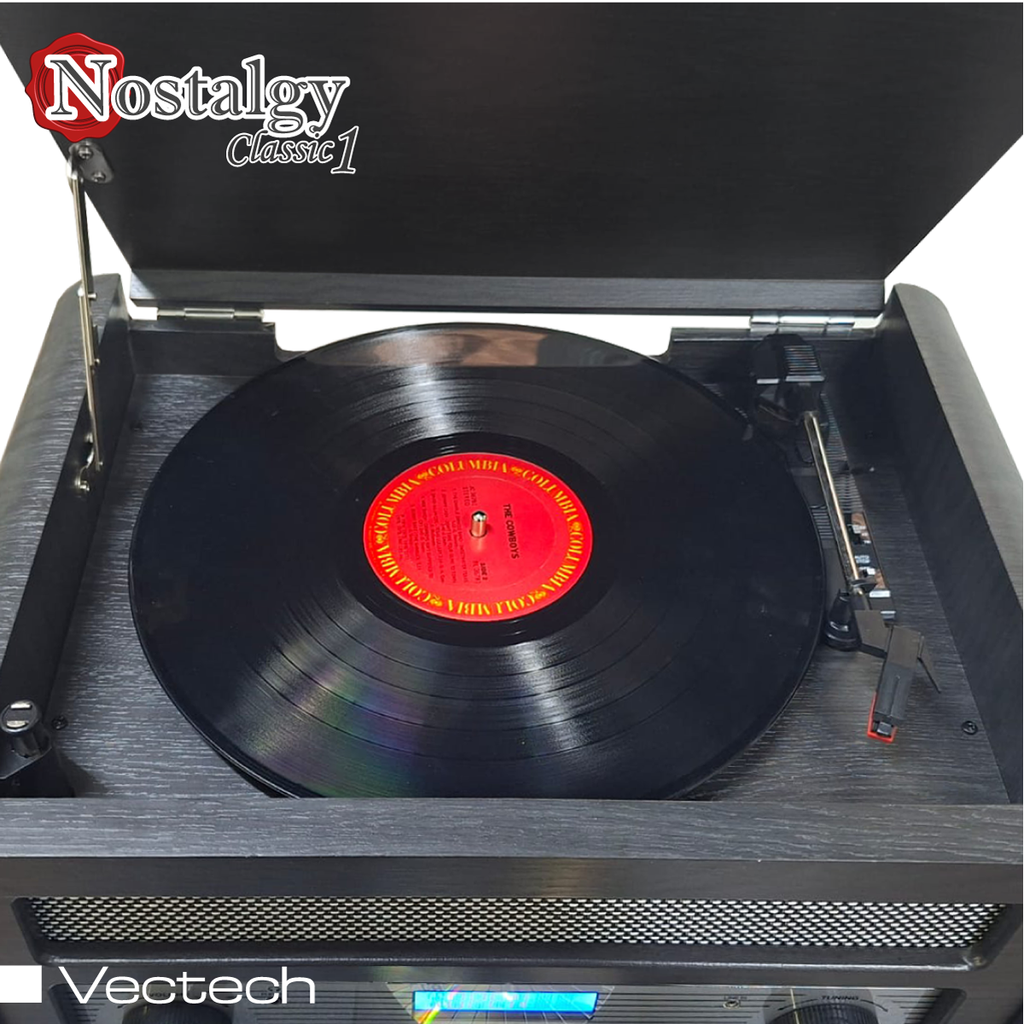 Tocadiscos Retro Multifunción 5 en 1 con Bocinas Integradas  Reproduce CD, Radio AM/FM Entrada para Micrófono  Salida AUX