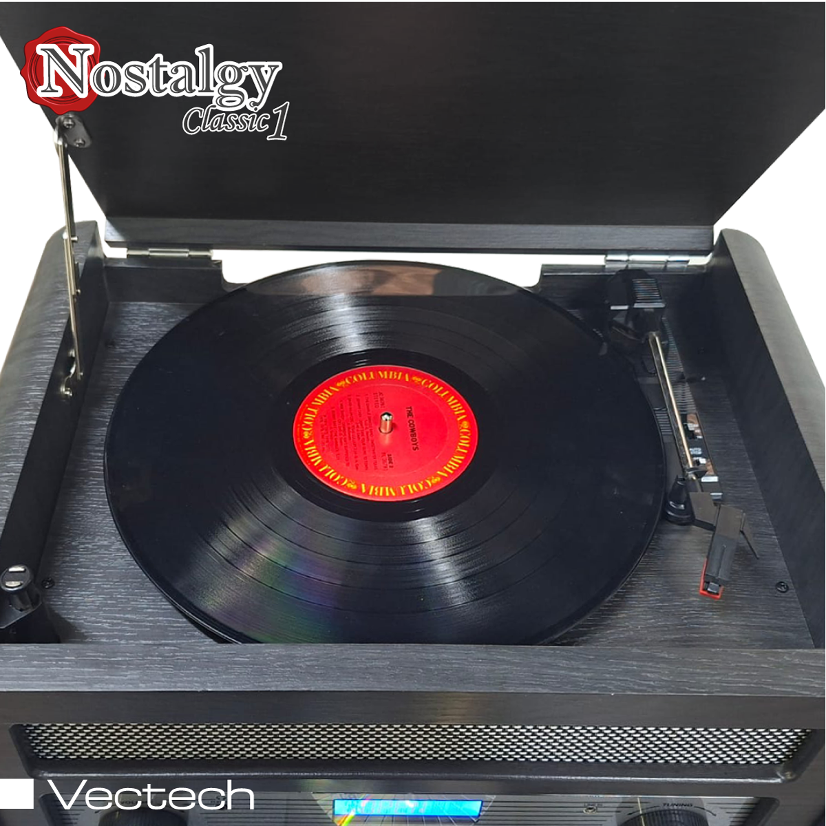 Tocadiscos Retro Nostalgy Classic 1 vista superior con vinilo