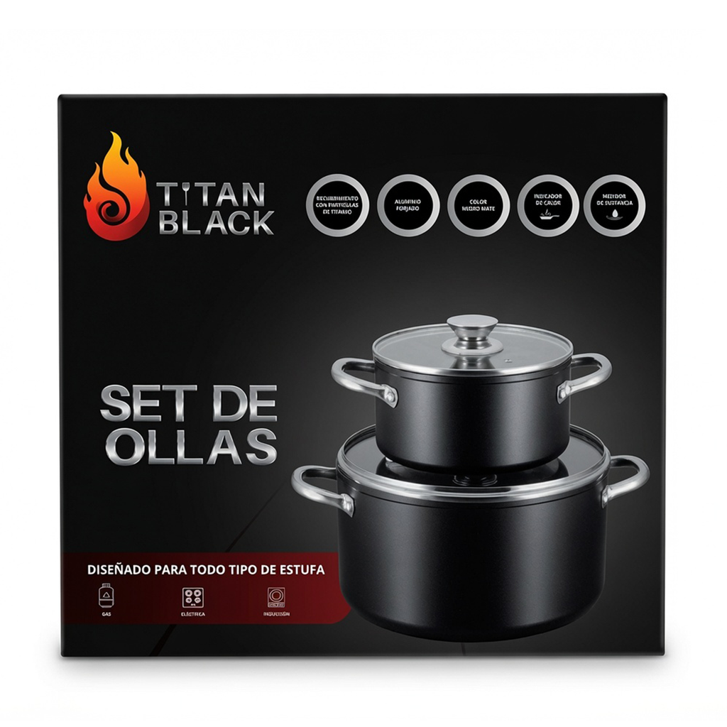 Juego de 2 Ollas Titan Black con Tapas de Vidrio  Antiadherentes  Compatibles con Estufas de Inducción y Gas