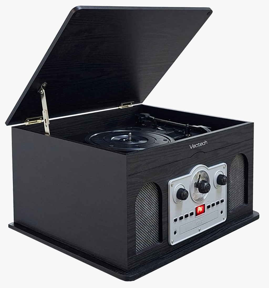 Tocadiscos Retro Multifunción 5 en 1 con Bocinas Integradas  Reproduce CD y Cassette  Radio AM/FM Entrada para Micrófono  Salida AUX