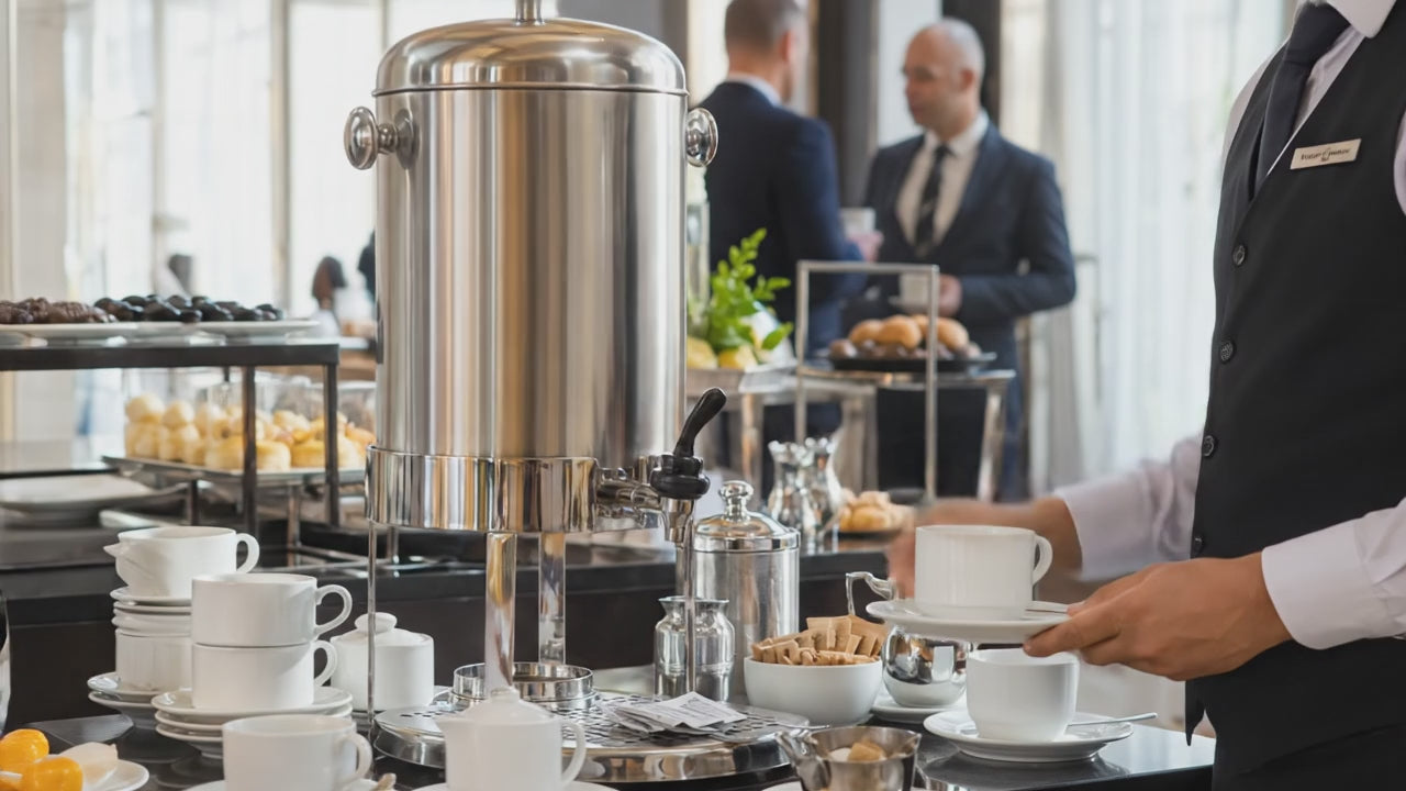 Cafetera Dispensadora de Acero Inoxidable con Calentador 49 tazas de capacidad